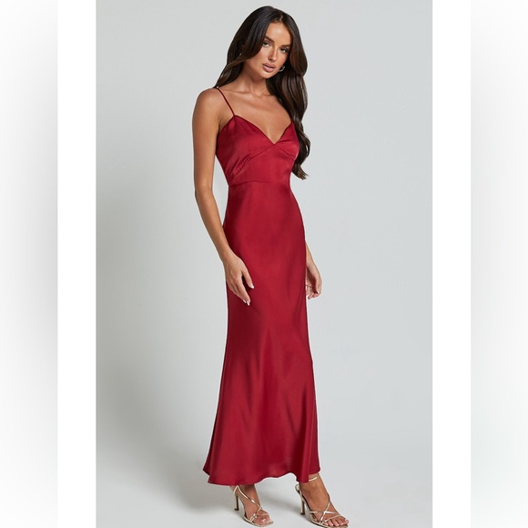 Satin slip midi dress in wine red burgundy - Picture 3 of 6